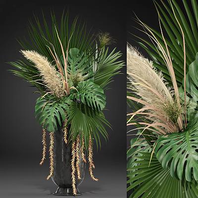 Lush Decorative Plant Arrangement With Monstera Palm Leaves And Pampas Grass And Hanging Elements 3d model