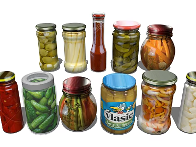 Assorted Preserved Foods in Glass Jars with Pickles Cucumbers and Vegetables 3d model