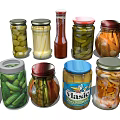 Assorted Preserved Foods in Glass Jars with Pickles Cucumbers and Vegetables