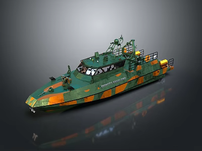 Modern Military Patrol Boat With Green And Orange Camouflage Paint And Radar Antenna Systems 3d model