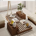 Wooden Latticed Coffee Table With Fruits Books And Vase In Modern Living Room