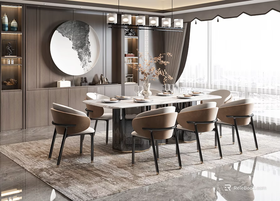 Modern Restaurant Interior With Round Dining Table Beige Chairs Decorative Painting And City View 3d model 