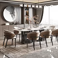 Modern Restaurant Interior With Round Dining Table Beige Chairs Decorative Painting And City View