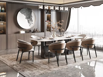Modern Restaurant Interior With Round Dining Table Beige Chairs Decorative Painting And City View 3d model
