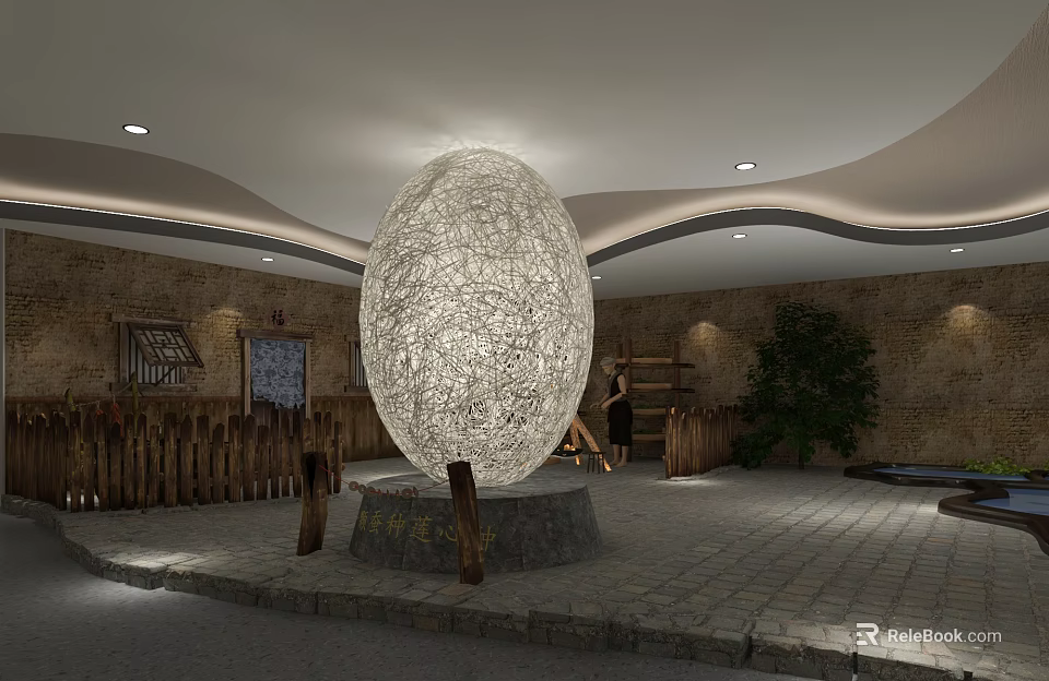 Large Woven Spherical Sculpture in Indoor Space with Stone Walls Wooden Railings and Green Plants 3d model 