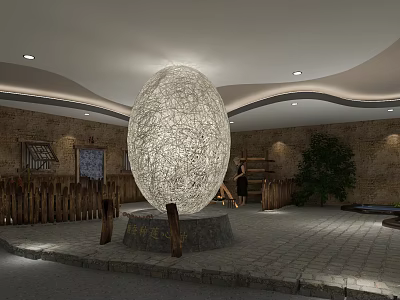 Large Woven Spherical Sculpture in Indoor Space with Stone Walls Wooden Railings and Green Plants 3d model