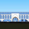 Modern Office Building Exterior With Arched Entrance And Large Glass Facade Design