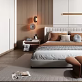 Modern Bedroom Interior Design With Upholstered Headboard White Wardrobes Wooden Floor And Indoor Plants