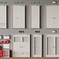 Various White Doors And Fire Safety Equipment On Gray Wall 3d model