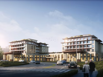 Modern Nursing Home Exterior With Multistory Buildings Greenery Parking And Elderly Residents 3d model