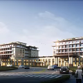 Modern Nursing Home Exterior With Multistory Buildings Greenery Parking And Elderly Residents