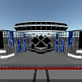 Futuristic Event Stage With Large Screens Blue Purple Lighting Metal Frames And Central Platform Design