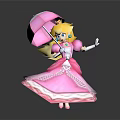 Princess Figure With Blonde Hair Pink Umbrella Pink Dress Crown Necklace Standing Against Gray Background