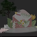 Spring Flower Painting Exhibition Booth Background With Pink Rabbit Tree Balloons And Gift Boxes