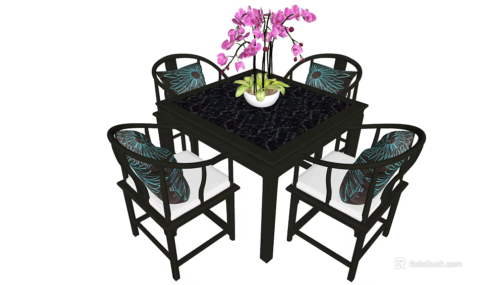 Black Square Dining Table Set With Four Chairs Blue Leaf Pattern Cushions And Pink Orchids 3d model