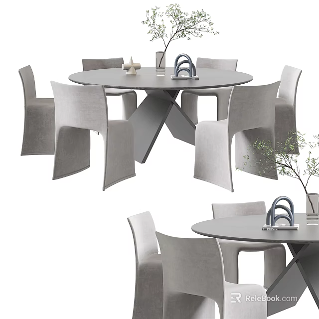 Modern Round Dining Table Set with Gray Chairs and Decorative Tabletop Items 3d model