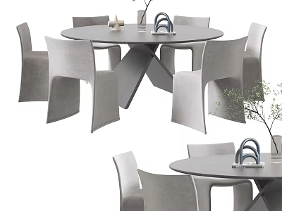 Modern Round Dining Table Set with Gray Chairs and Decorative Tabletop Items 3d model