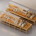 Wooden Display Shelves with Clear Glass Covers Showing Fresh Bread and Baked Goods in Bakery