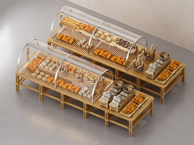 Wooden Display Shelves with Clear Glass Covers Showing Fresh Bread and Baked Goods in Bakery 3d model