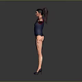 Female Character In Red Sleeved Blue Uniform With Arms Extended Standing On Gray Backdrop