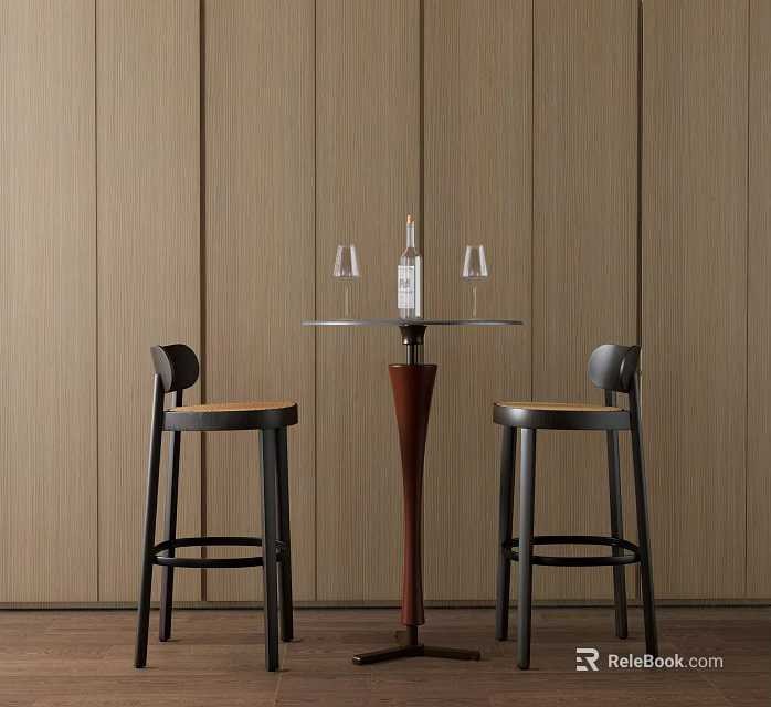 Modern Bar Table And Stools With Round Tabletop Wine Bottle Glasses Against Wooden Panel Wall 3d model 