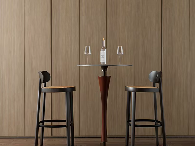 Modern Bar Table And Stools With Round Tabletop Wine Bottle Glasses Against Wooden Panel Wall 3d model