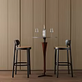 Modern Bar Table And Stools With Round Tabletop Wine Bottle Glasses Against Wooden Panel Wall