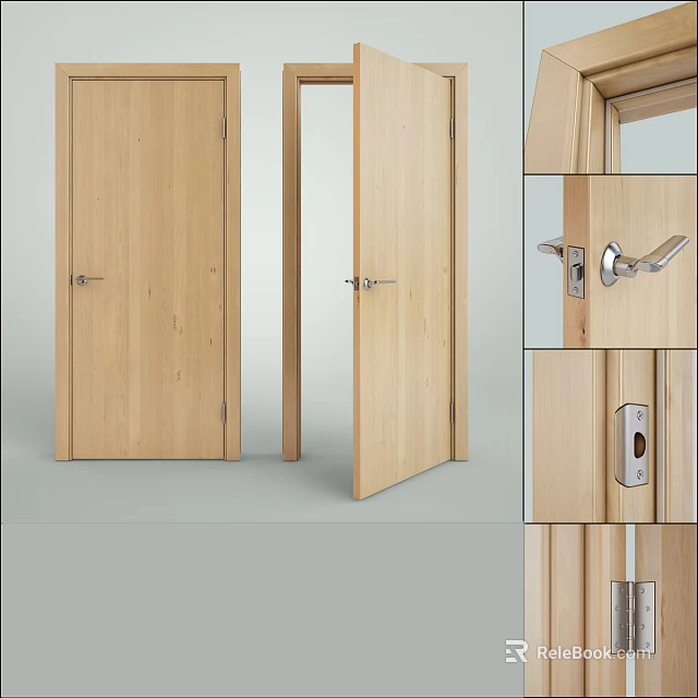 Wooden Swing Door Design With Natural Grain Open Closed Position And Handle Lock 3d model 