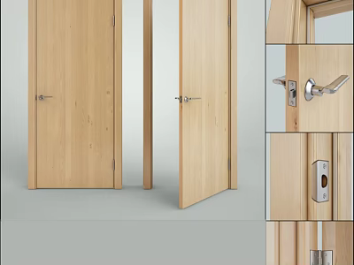 Wooden Swing Door Design With Natural Grain Open Closed Position And Handle Lock 3d model