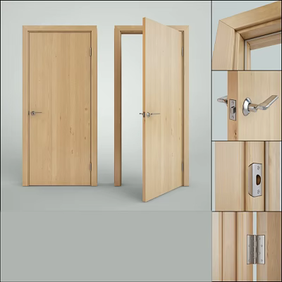 Wooden Swing Door Design With Natural Grain Open Closed Position And Handle Lock 3d model