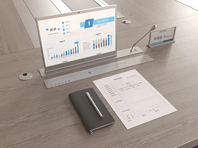 Desktop Monitor Displaying Data Charts With Notebook Pen And Documents On Office Desk 3d model