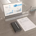 Desktop Monitor Displaying Data Charts With Notebook Pen And Documents On Office Desk