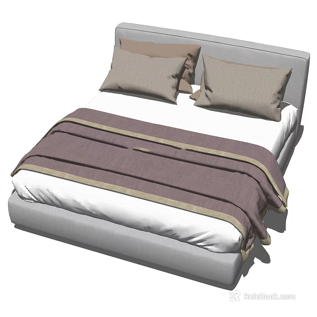 Modern Double Bed With Gray Headboard White Sheets Striped Bedspread And Beige Pillows 3d model