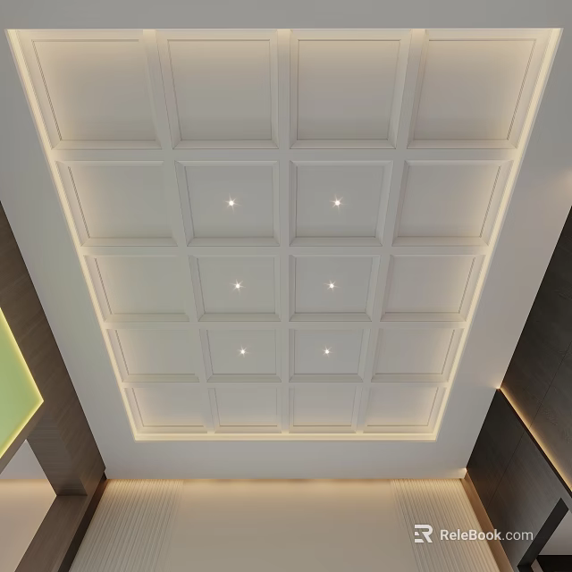Modern White Ceiling Design With Square Grid And Recessed Lights 3d model 