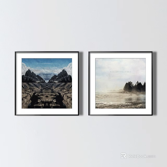 Two Framed Landscape Paintings Featuring Mountain Valley And Seaside Trees On Wall 3d model 