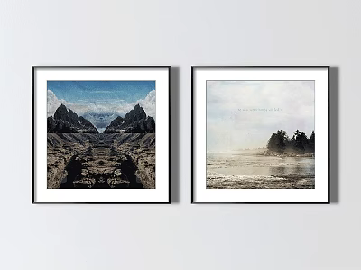 Two Framed Landscape Paintings Featuring Mountain Valley And Seaside Trees On Wall 3d model