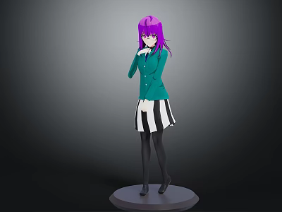 Anime Character 3D Model With Purple Hair Green Coat Striped Skirt Standing On Base 3d model