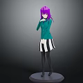 Anime Character 3D Model With Purple Hair Green Coat Striped Skirt Standing On Base
