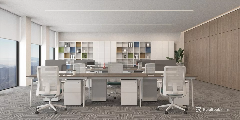 Modern Public Office Space With Ergonomic Chairs Wooden Desks Green Bookshelves And Potted Plant 3d model 