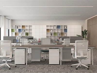 Modern Public Office Space With Ergonomic Chairs Wooden Desks Green Bookshelves And Potted Plant 3d model