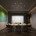 Modern Private Dining Room With Round Table And City View 3d model