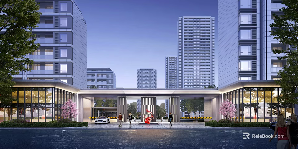 Modern Residential Entrance Gate With High Rise Buildings And Landscaped Gardens 3d model 