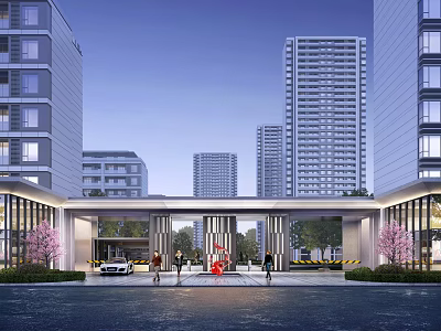 Modern Residential Entrance Gate With High Rise Buildings And Landscaped Gardens 3d model