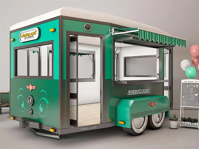 Green Mobile Food Truck With Awning Open Design Balloons And Menu Board 3d model