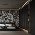 Modern Bedroom With Dark Ceiling Strip Lighting Marble Accent Wall Large Bed Nightstand And Chair