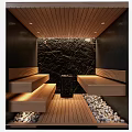 Modern Sauna Interior Design With Wooden Benches Stone Wall Pebble Floor And Recessed Lighting