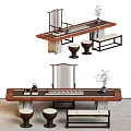 Chinese Style Solid Wood Tea Table and Chairs with Tea Sets Side Stools Vase Decoration 3d model