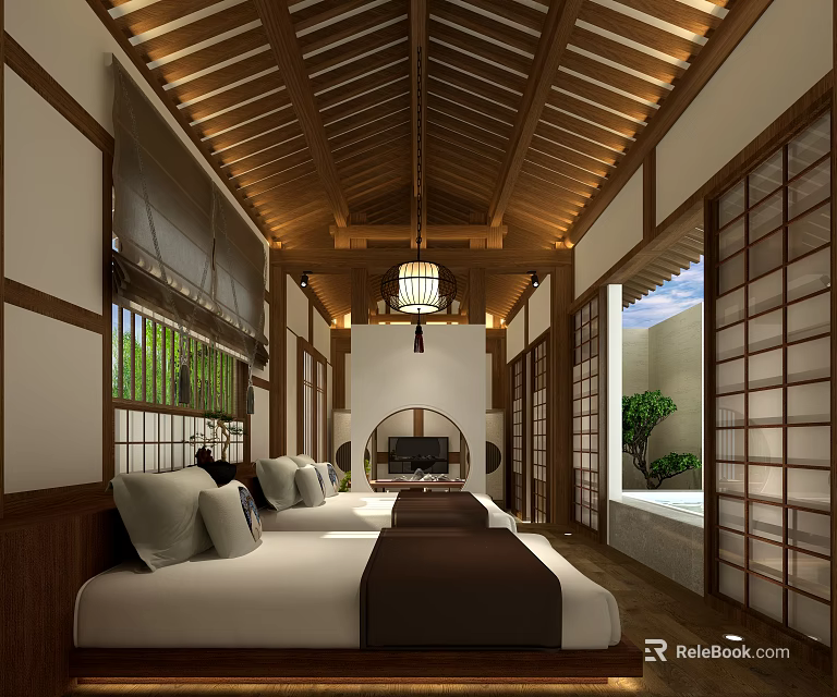 Traditional Chinese Style Hotel Guest Room With Wooden Ceiling Shoji Doors And Two Beds 3d model 