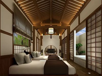 Traditional Chinese Style Hotel Guest Room With Wooden Ceiling Shoji Doors And Two Beds 3d model