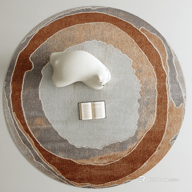Round Rug With Circular Patterns Brown Gray Tones Featuring Polar Bear Figurine And Open Book 3d model 